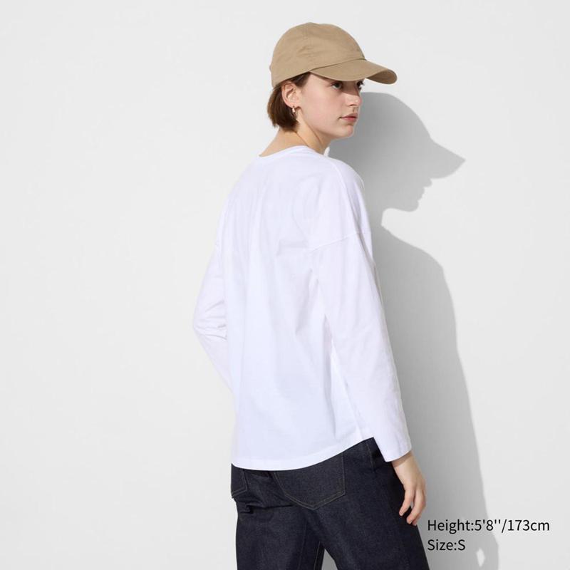 Uniqlo Smooth Cotton Oversized (Long Sleeve) Women T-Shirts White  US |  JABX-16037