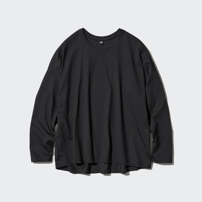 Uniqlo Smooth Cotton Oversized (Long Sleeve) Women T-Shirts Black  US |  TUKX-45726