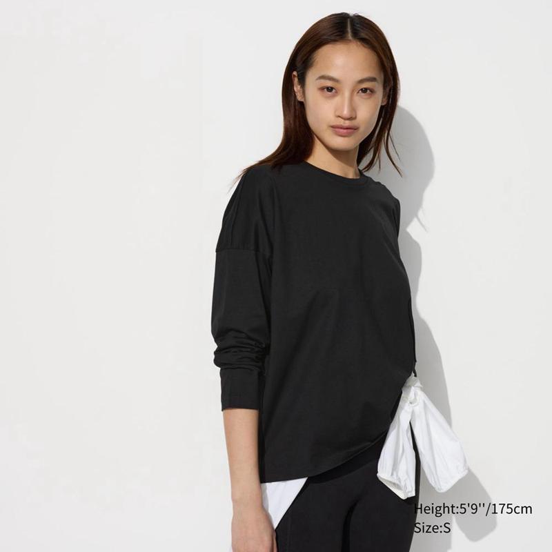 Uniqlo Smooth Cotton Oversized (Long Sleeve) Women T-Shirts Black  US |  TUKX-45726