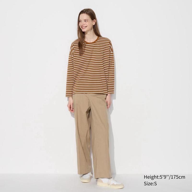 Uniqlo Smooth Cotton Oversized (Stripe, Long Sleeve) Women T-Shirts Dark Green  US |  QFUT-83041