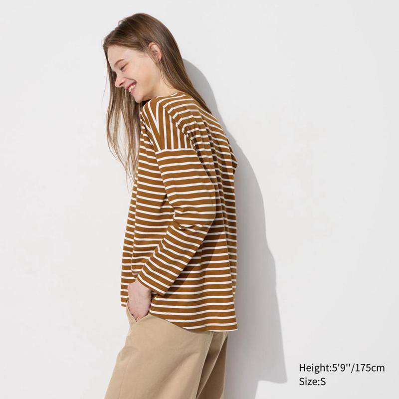 Uniqlo Smooth Cotton Oversized (Stripe, Long Sleeve) Women T-Shirts Dark Green  US |  QFUT-83041