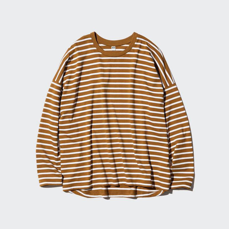 Uniqlo Smooth Cotton Oversized (Stripe, Long Sleeve) Women T-Shirts Dark Green  US |  QFUT-83041