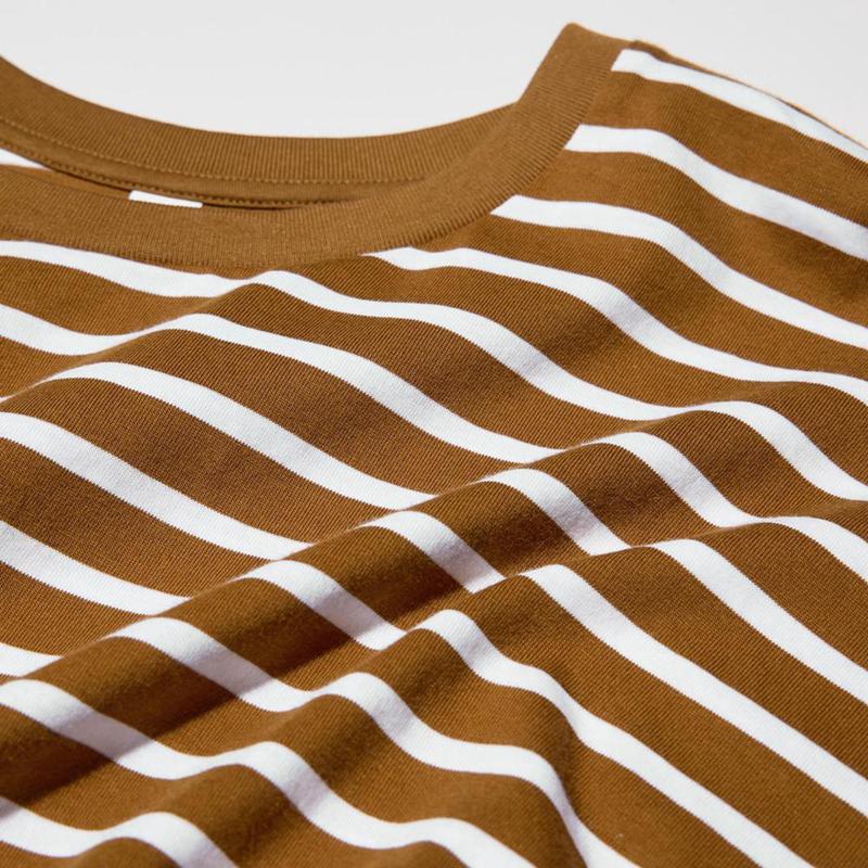 Uniqlo Smooth Cotton Oversized (Stripe, Long Sleeve) Women T-Shirts Brown  US |  LSJB-32014