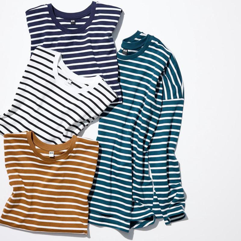 Uniqlo Smooth Cotton Oversized (Stripe, Long Sleeve) Women T-Shirts Brown  US |  LSJB-32014