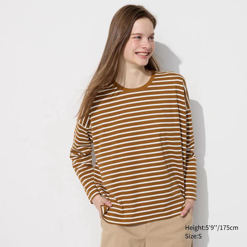 Uniqlo Smooth Cotton Oversized (Stripe, Long Sleeve) Women T-Shirts Brown  US |  LSJB-32014