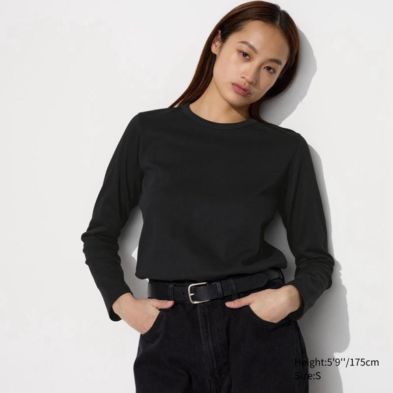 Uniqlo Smooth Cotton Stretch Crew Neck Long Sleeve Women T-Shirts Black  US |  ASUG-23605