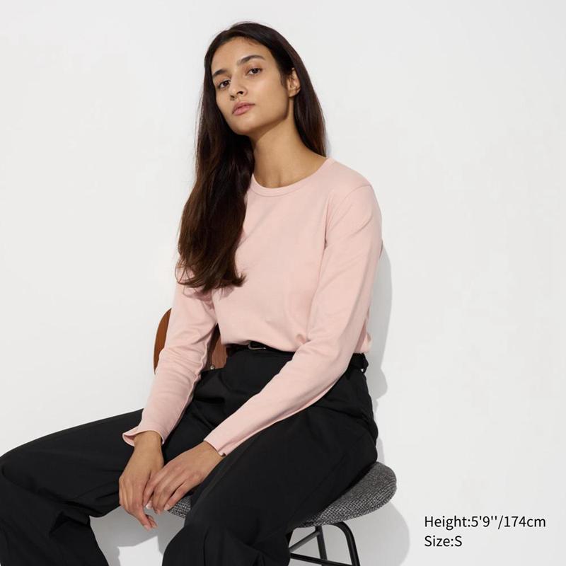 Uniqlo Smooth Cotton Stretch Crew Neck Long Sleeve Women T-Shirts Pink  US |  RPJF-24715