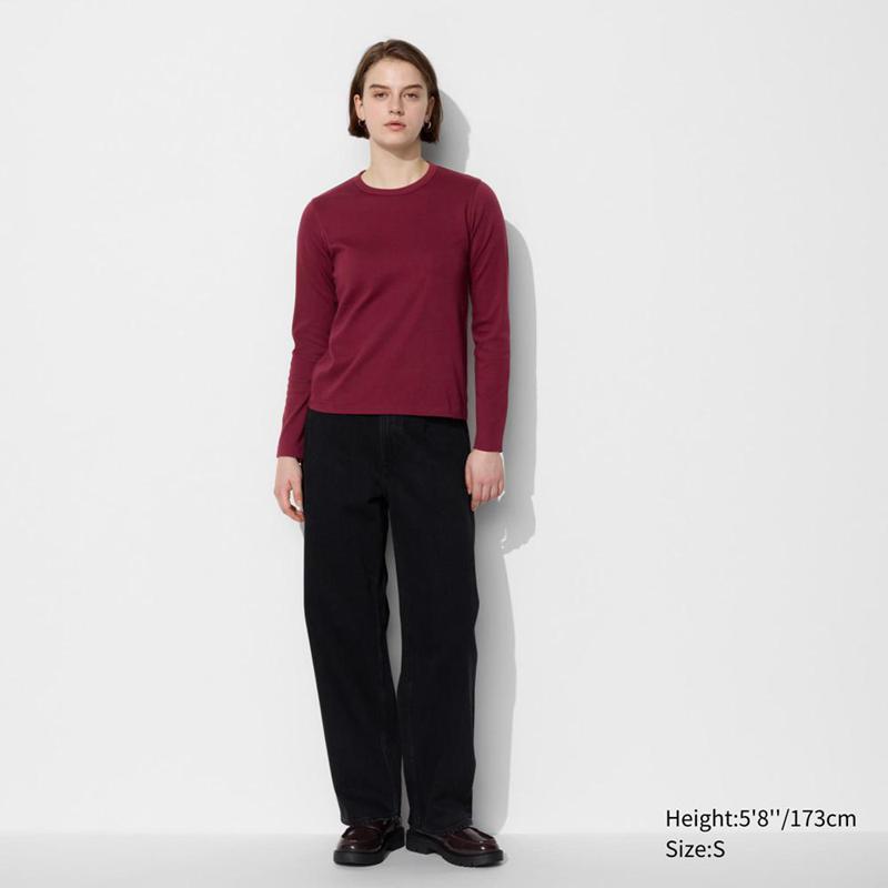 Uniqlo Smooth Cotton Stretch Crew Neck Long Sleeve Women T-Shirts Wine  US |  NGPE-94821