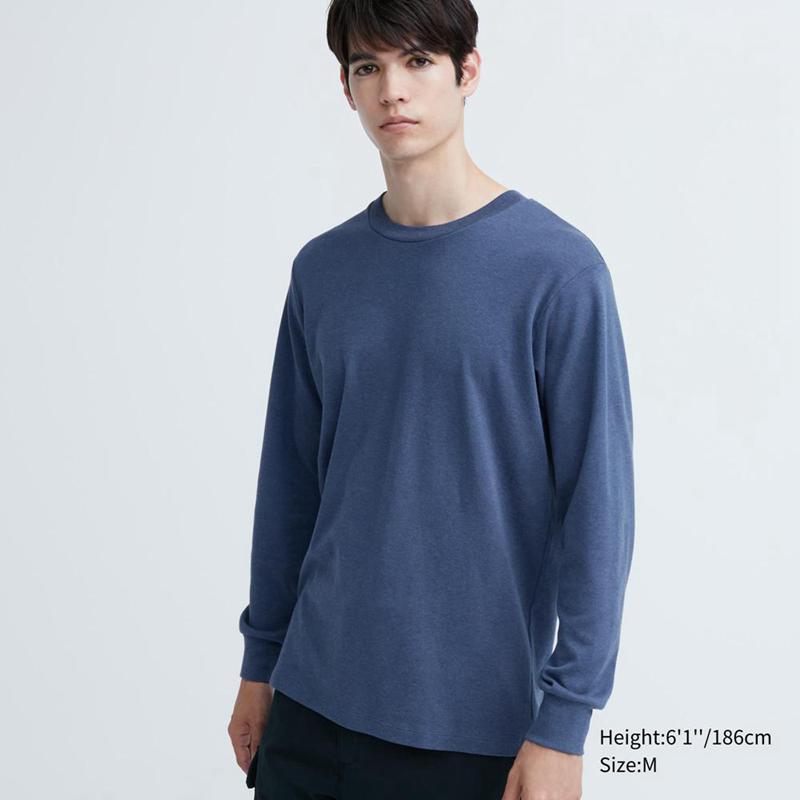 Uniqlo Soft Brushed Cotton Crew Neck Long Sleeved Men T-Shirt Blue  US |  GXAV-40865