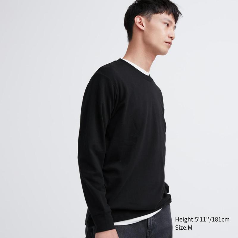 Uniqlo Soft Brushed Cotton Crew Neck Long Sleeved Men T-Shirt Black  US |  BSJX-54709