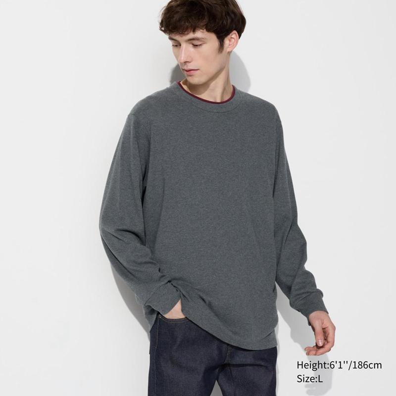 Uniqlo Soft Brushed Crew Neck (Long Sleeve) Men T-Shirt Dark Grey  US |  MPQF-74352