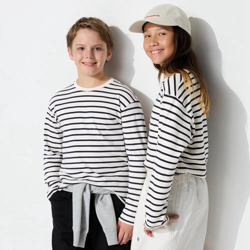 Uniqlo Soft Brushed Crew Neck Long Sleeve (Stripe) Kids\' T-Shirt Off White  US |  SZQC-70916