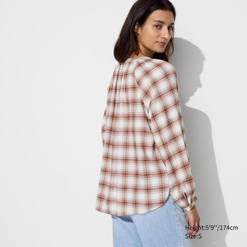 Uniqlo Soft Flannel Gathered (Check) Women Blouse Red  US |  EXKI-51493