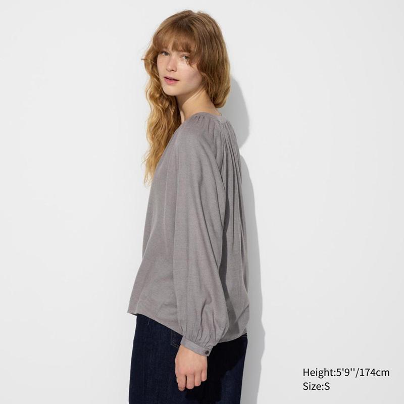 Uniqlo Soft Flannel Gathered Women Blouse Off White  US |  WOKD-23867