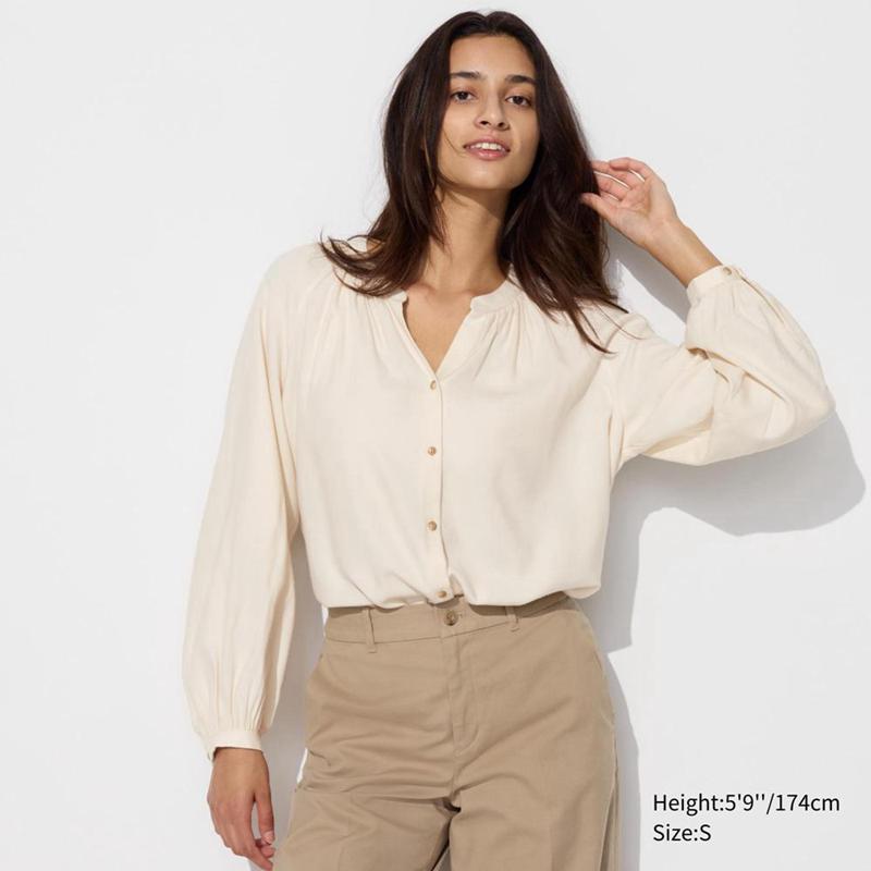 Uniqlo Soft Flannel Gathered Women Blouse Off White  US |  WOKD-23867