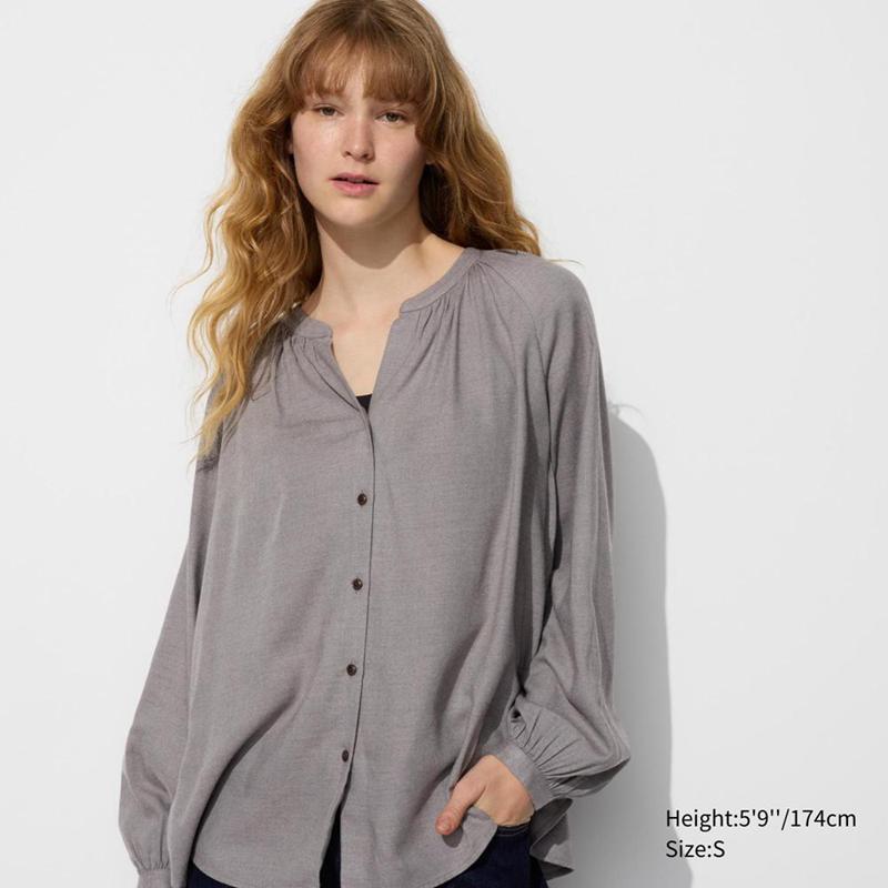 Uniqlo Soft Flannel Gathered Women Blouse Grey  US |  DUZF-84715