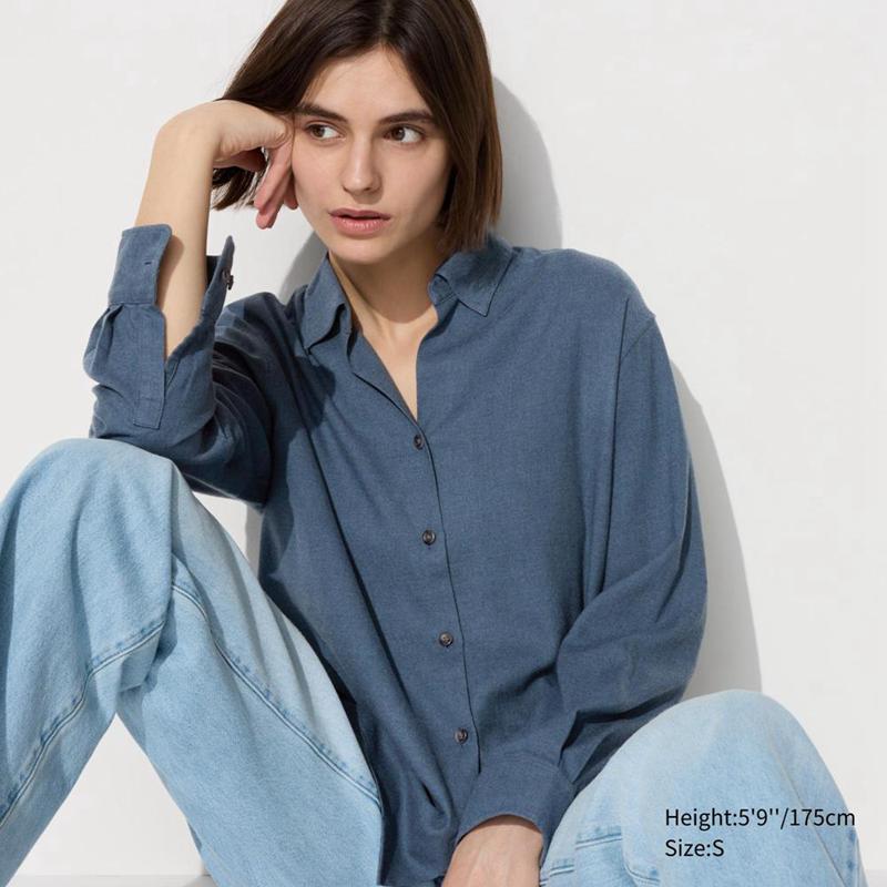 Uniqlo Soft Flannel Skipper Women Shirts Blue  US |  SBTQ-30651