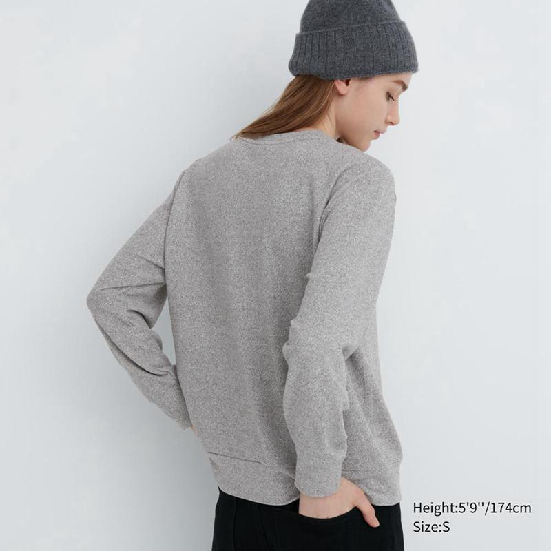 Uniqlo Soft Fleece Crew Neck Long Sleeved Women T-Shirts Grey  US |  GOJU-15928