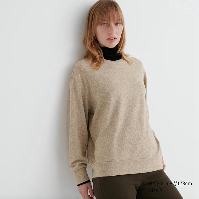 Uniqlo Soft Fleece Crew Neck Long Sleeved Women T-Shirts Beige  US |  TVRZ-61042