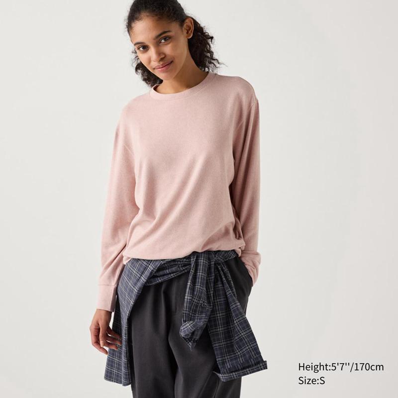 Uniqlo Soft Knit Fleece Crew Neck (Long Sleeve) Women T-Shirts Pink  US |  XJOC-42960