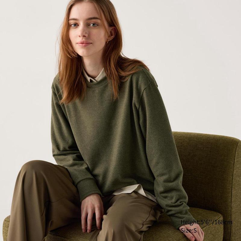 Uniqlo Soft Knit Fleece Crew Neck (Long Sleeve) Women T-Shirts Olive  US |  YBLE-05826