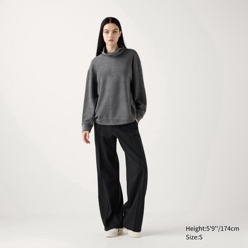 Uniqlo Soft Knit Fleece Ribbed High Neck (Long Sleeve) Women T-Shirts Black  US |  KGXJ-15783