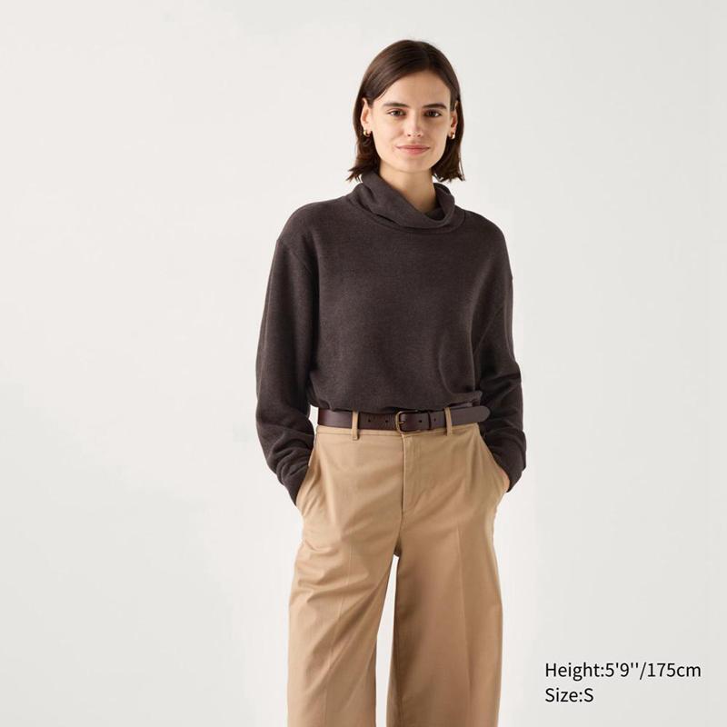 Uniqlo Soft Knit Fleece Ribbed High Neck (Long Sleeve) Women T-Shirts Dark Brown  US |  KQOG-17935