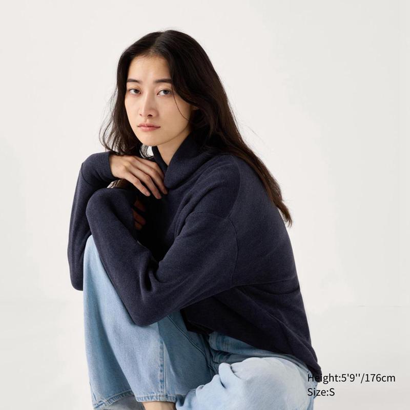 Uniqlo Soft Knit Fleece Ribbed High Neck (Long Sleeve) Women T-Shirts Navy  US |  MFTV-19375