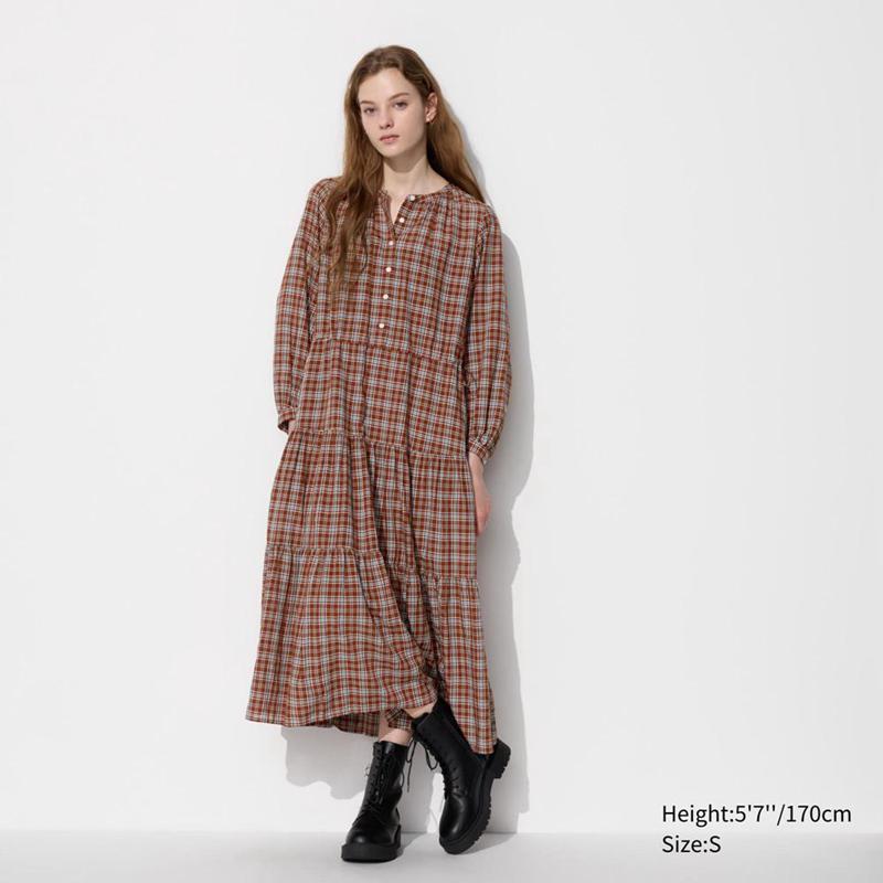 Uniqlo Soft Lawn (Check) Women Dress Brown  US |  GZTA-87265