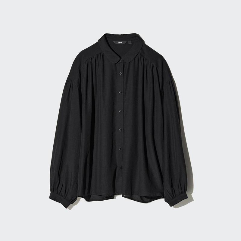 Uniqlo Soft Lawn Gathered Women Blouse Black  US |  IYTX-90832