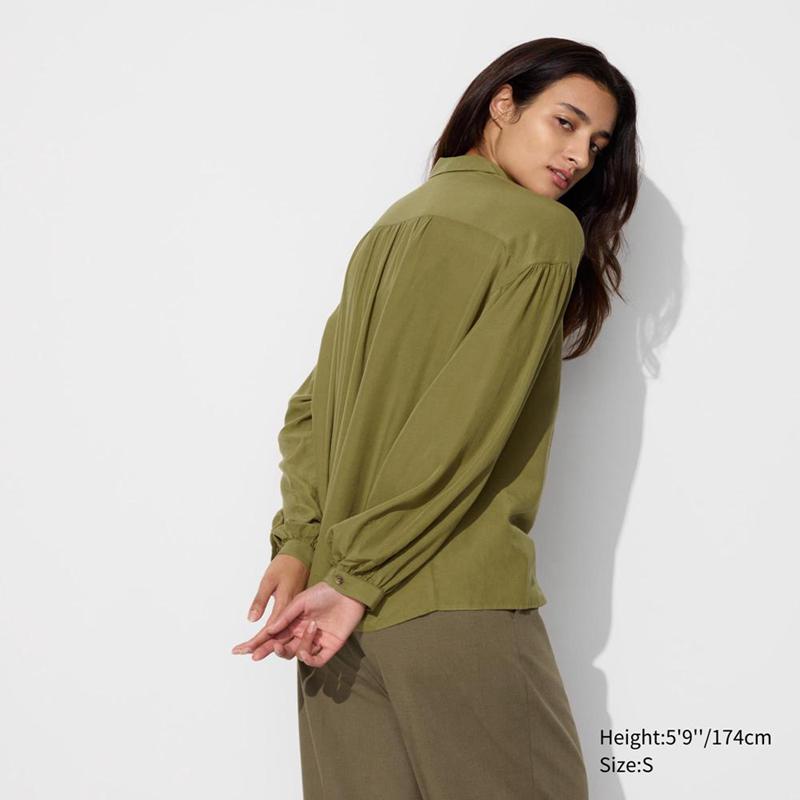 Uniqlo Soft Lawn Gathered Women Blouse Olive  US |  OZFW-54928