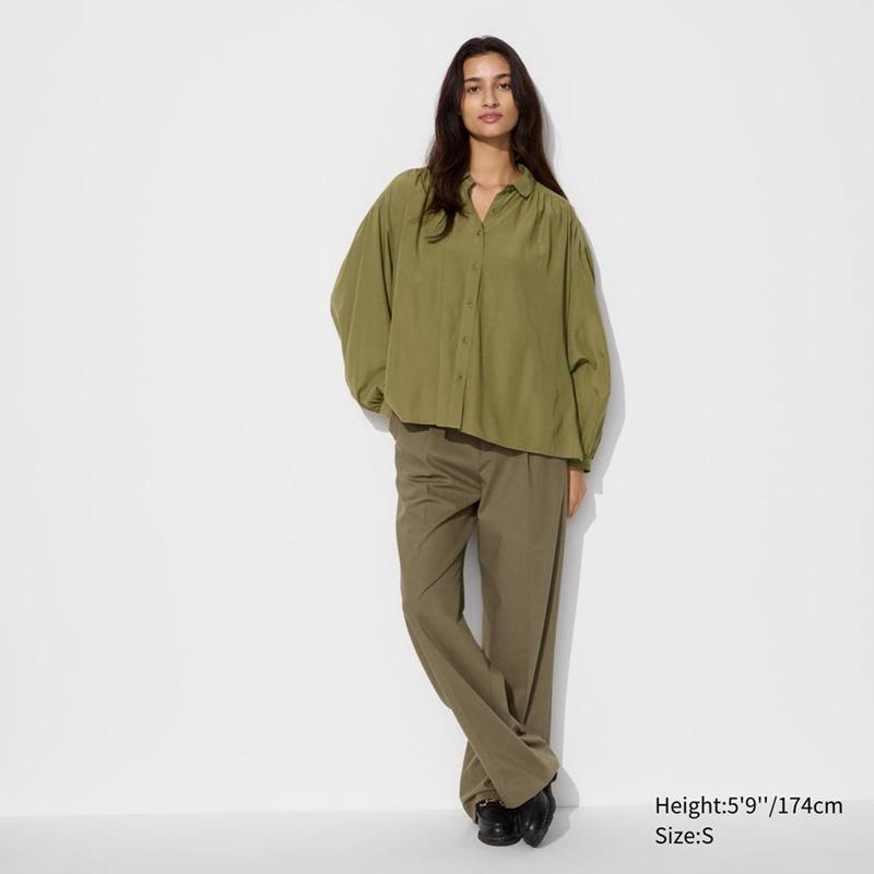 Uniqlo Soft Lawn Gathered Women Blouse Olive  US |  GYCP-85092