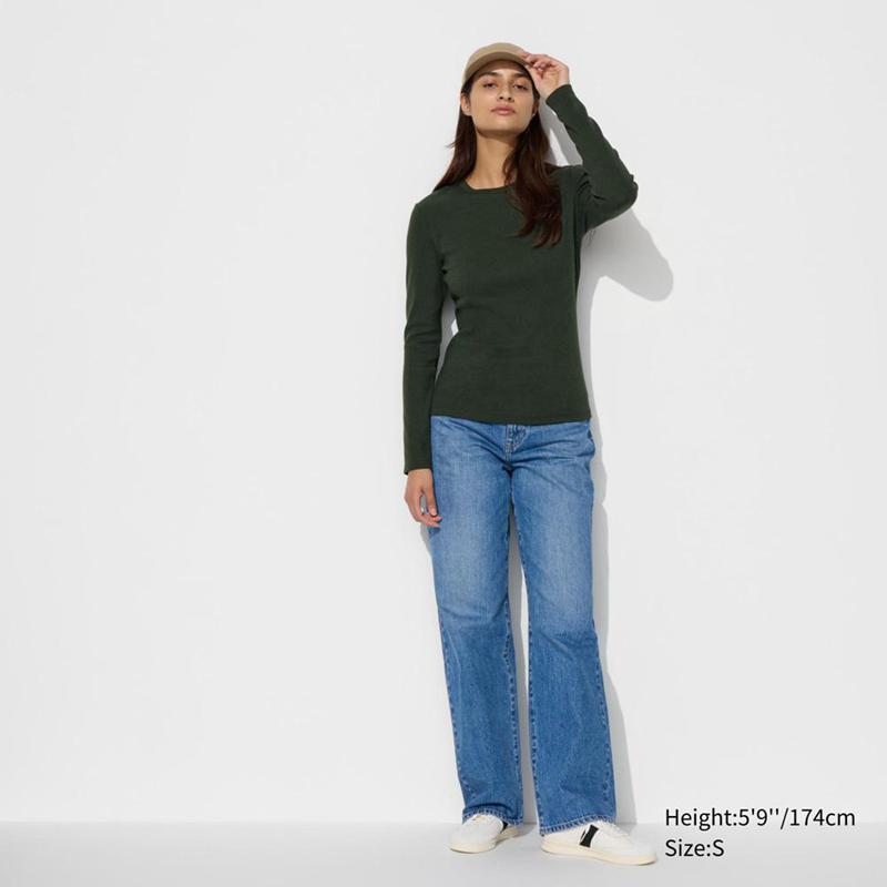 Uniqlo Soft Ribbed Crew Neck (Long Sleeve) Women T-Shirts White  US |  RABE-50643