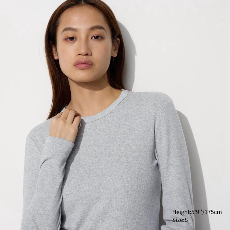 Uniqlo Soft Ribbed Crew Neck (Long Sleeve) Women T-Shirts Grey  US |  UNHW-85142