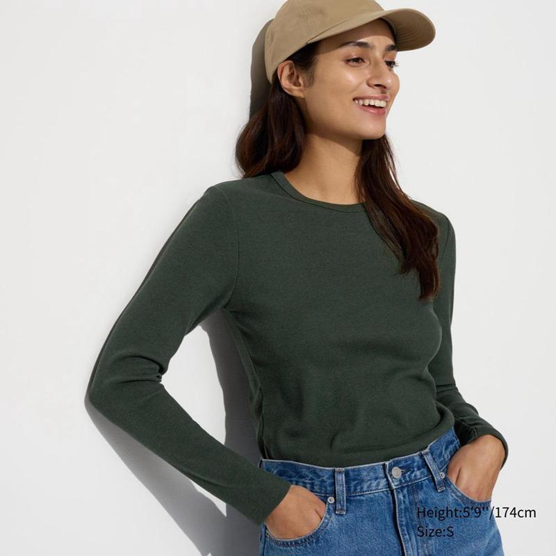 Uniqlo Soft Ribbed Crew Neck (Long Sleeve) Women T-Shirts Dark Green  US |  IHEL-29018