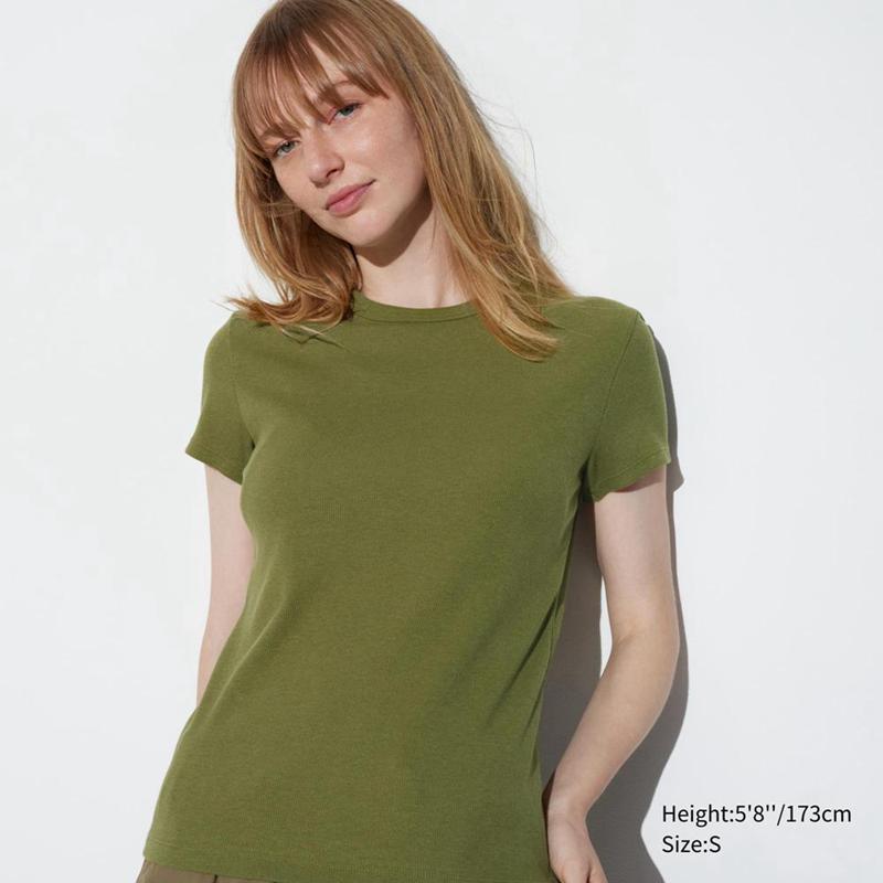 Uniqlo Soft Ribbed Women T-Shirts Olive  US |  YLVI-74036