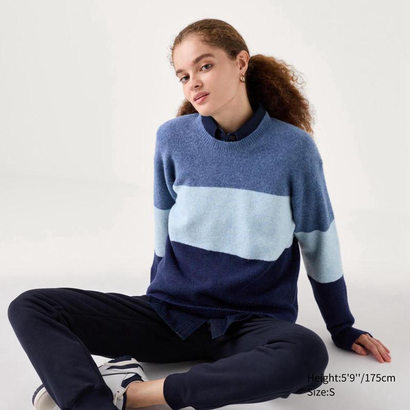 Uniqlo Soufflé Yarn Crew Neck (Colour Block) Women Jumper Blue  US |  MXJT-95142