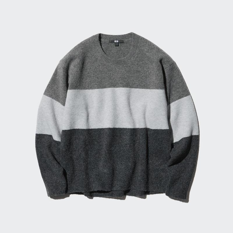 Uniqlo Soufflé Yarn Crew Neck (Colour Block) Women Jumper Grey  US |  SKAW-89652