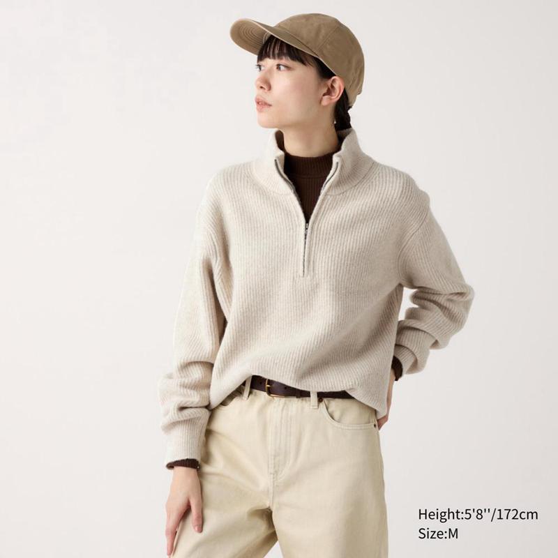 Uniqlo Soufflé Yarn Half-Zip Men Jumper Beige  US |  INTA-17692