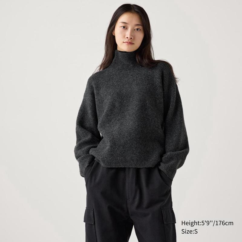 Uniqlo Soufflé Yarn High Neck Women Jumper Dark Grey  US |  RNJB-80591