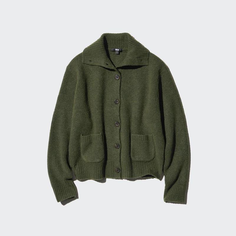 Uniqlo Soufflé Yarn Knit Blouson Women Cardigans Olive  US |  DTCA-35879