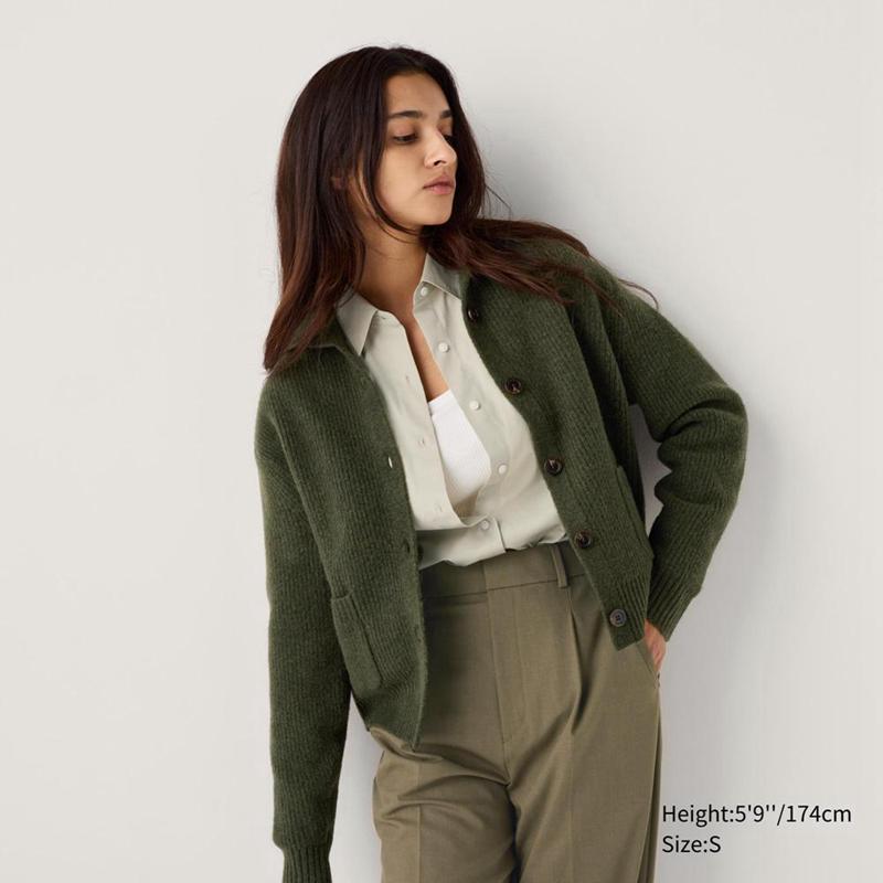 Uniqlo Soufflé Yarn Knit Blouson Women Cardigans Olive  US |  DTCA-35879