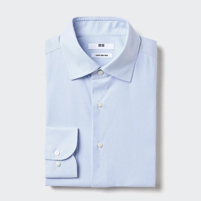 Uniqlo Super Non-Iron Regular Fit (Semi-Cutaway Collar, Stripe) Men Shirts Blue  US |  KRGH-45187