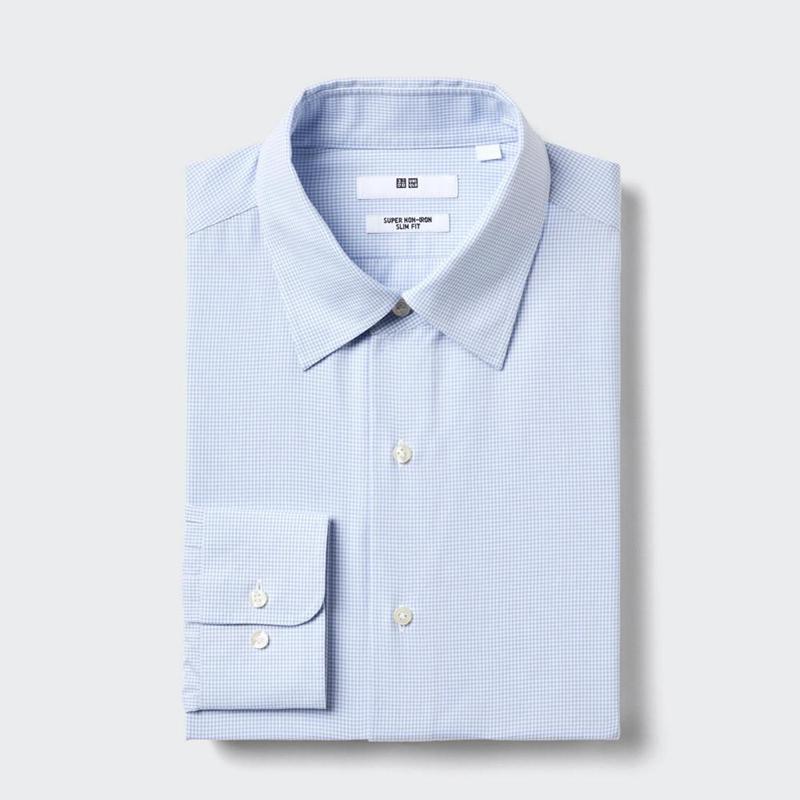 Uniqlo Super Non-Iron Slim Fit (Regular Collar, Check) Men Shirts Blue  US |  BSQA-12469