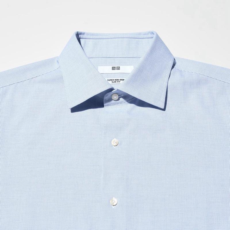 Uniqlo Super Non-Iron Slim Fit (Semi-Cutaway Collar, Check) Men Shirts Blue  US |  TLFZ-48561