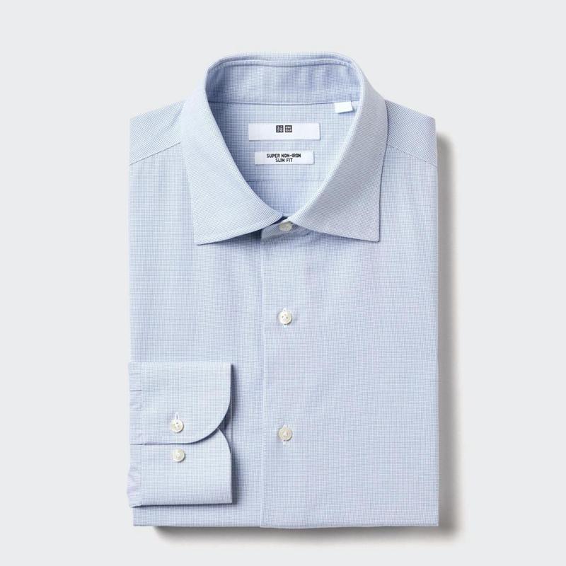 Uniqlo Super Non-Iron Slim Fit (Semi-Cutaway Collar, Check) Men Shirts Blue  US |  TLFZ-48561