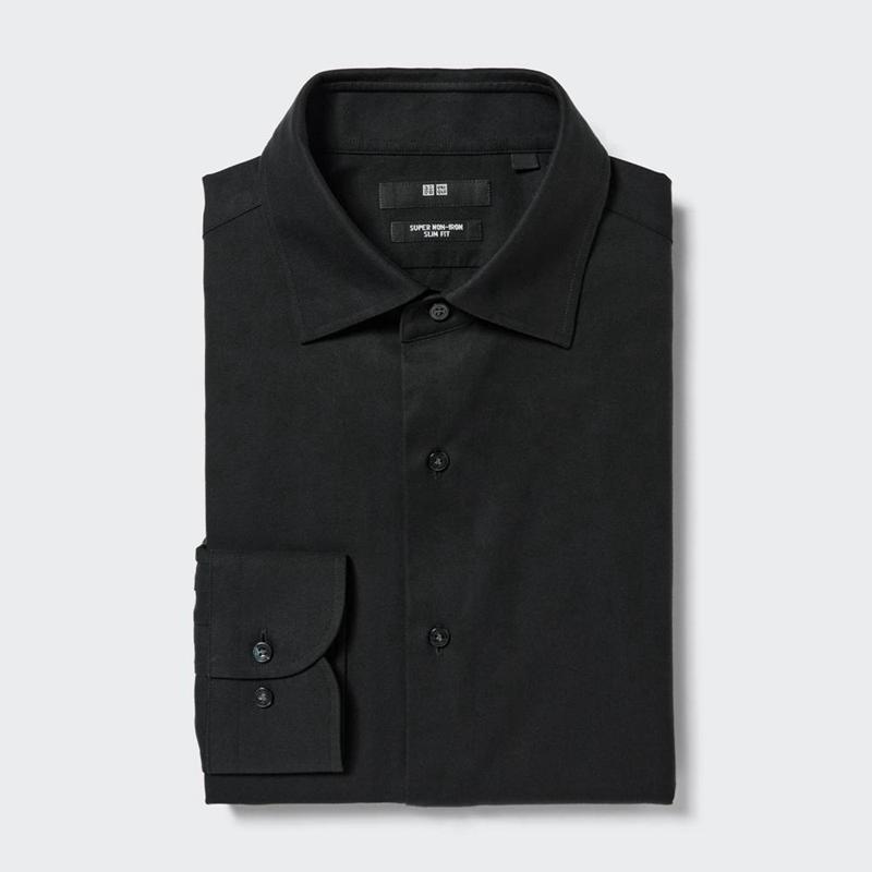 Uniqlo Super Non-Iron Slim Fit (Semi-Cutaway Collar) Men Shirts Black  US |  LQVE-17592