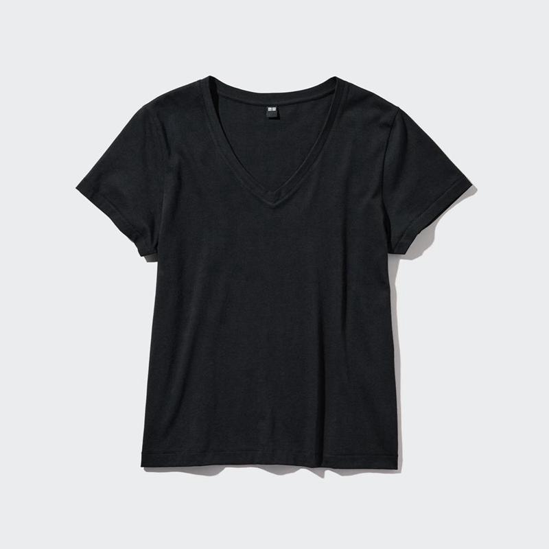 Uniqlo Supima Cotton V Neck Women T-Shirts Black  US |  ZNGE-12734