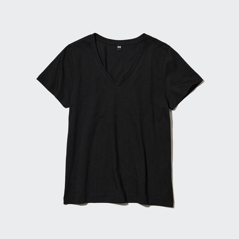 Uniqlo Supima Cotton V Neck Women T-Shirts Black  US |  EMGB-86579