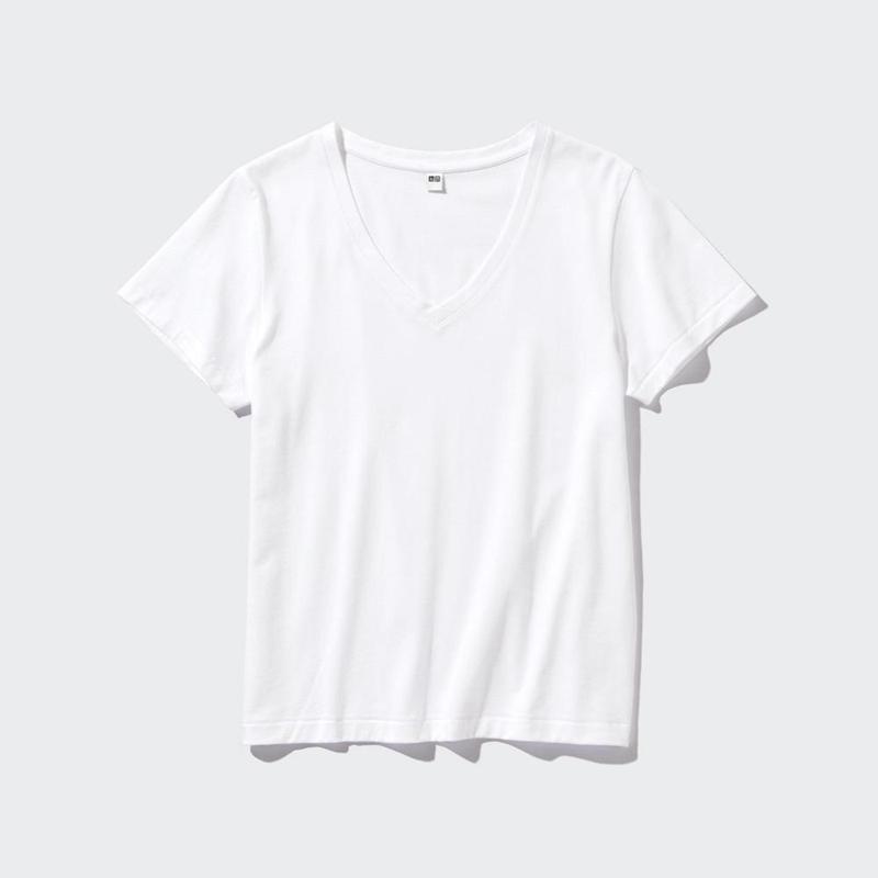 Uniqlo Supima Cotton V Neck Women T-Shirts White  US |  DBKA-06289